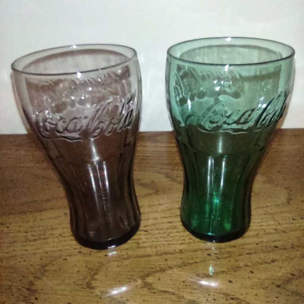 2 McDonald's Coke Coca Cola glasses  (1 purple and 1 green)